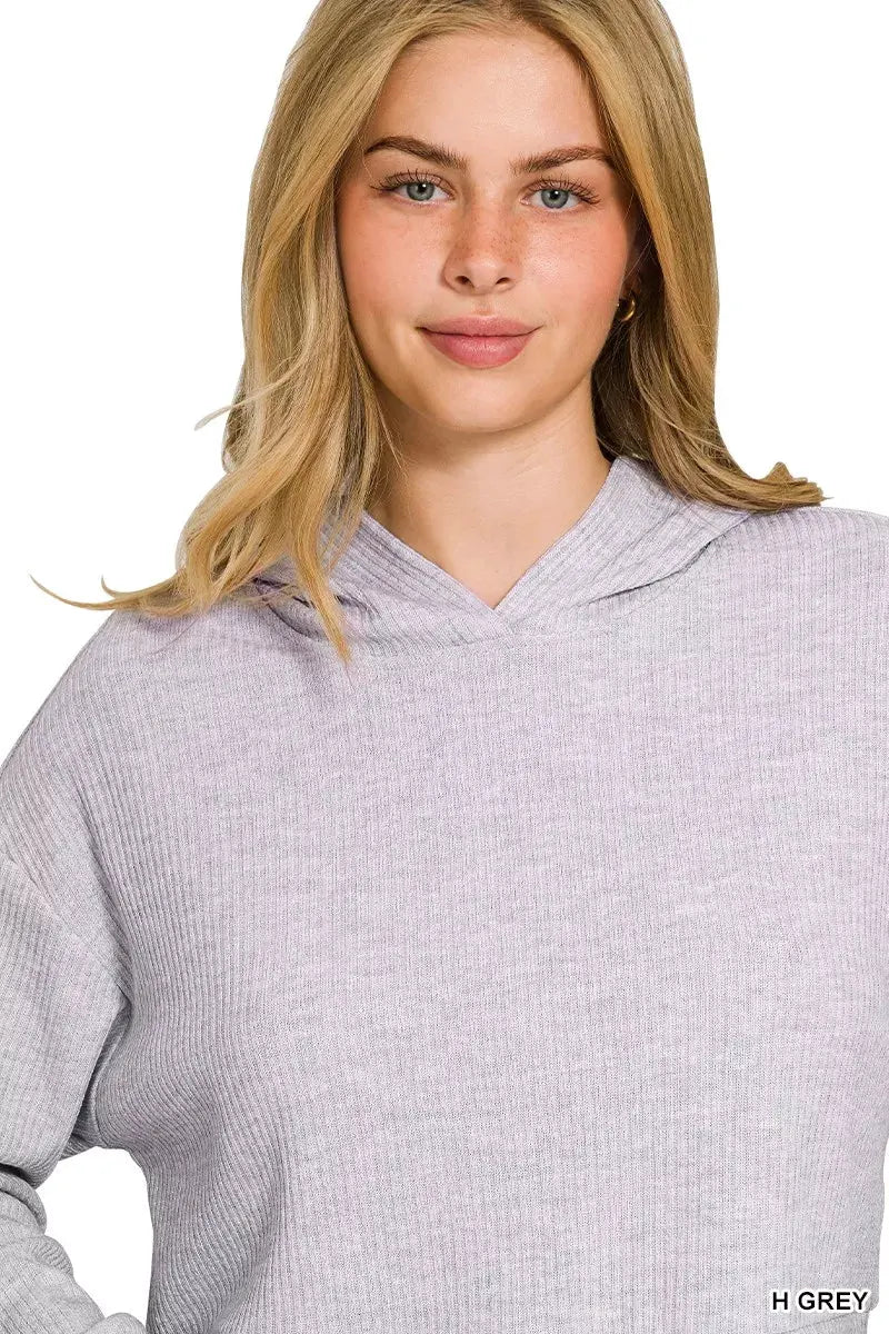 Zenana Drop Shoulder Ribbed Crop Hoodie by Zenana