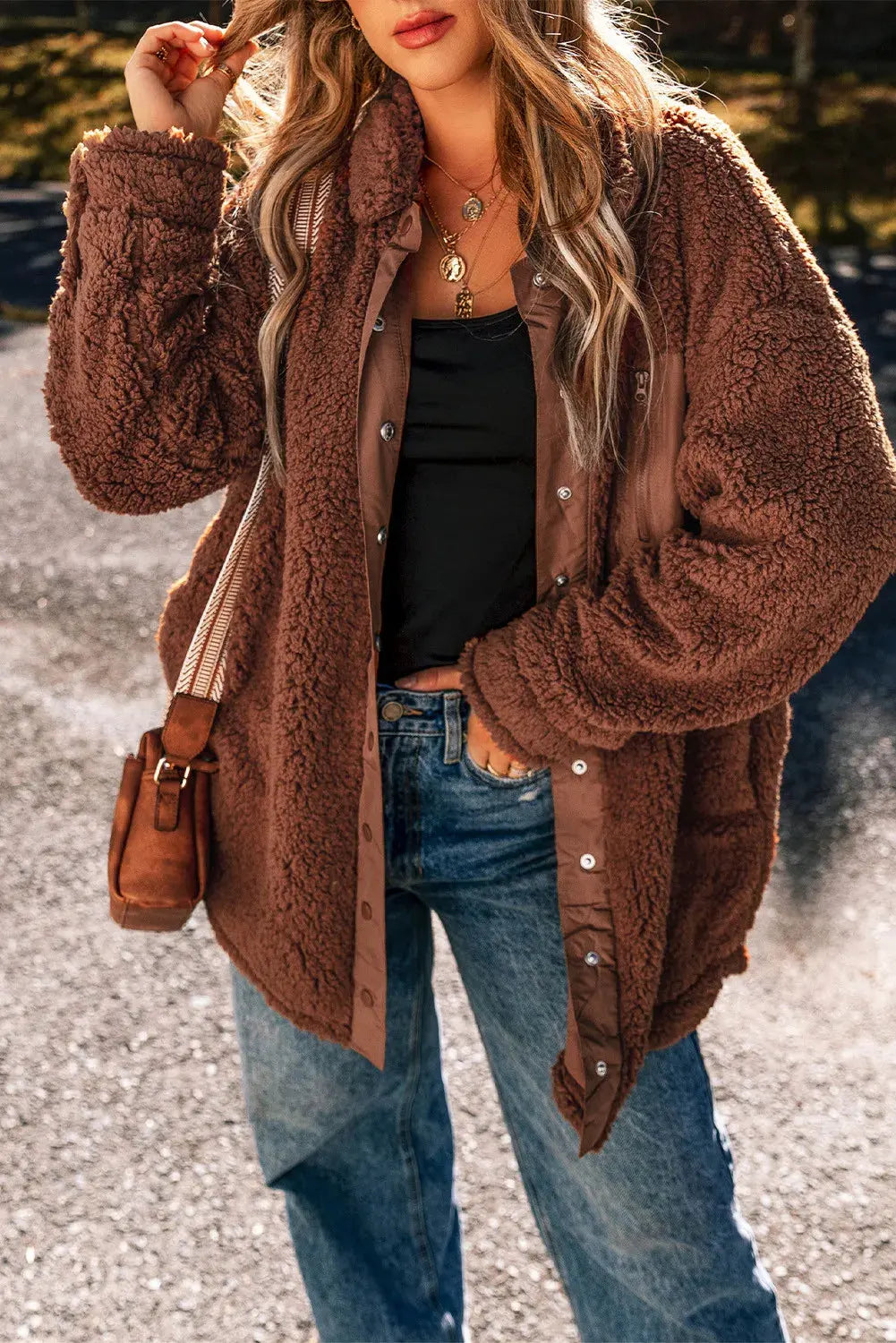 Fuzzy Snap Down Dropped Shoulder Jacket by Partner Label