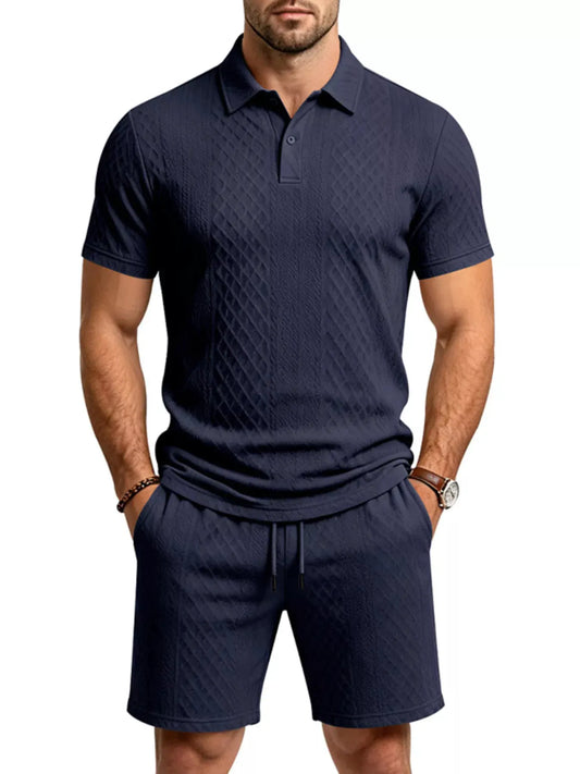 Men's Full Size Textured Short Sleeve Polo and Shorts Set Plus Size by POL