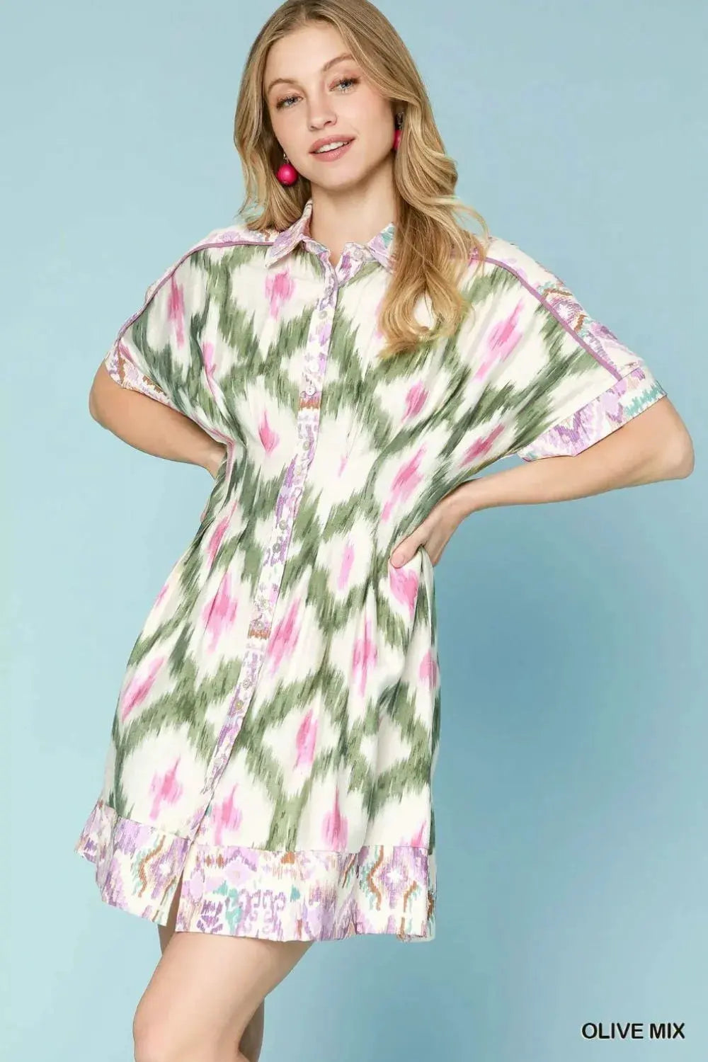 Umgee Ethnic Print Short Sleeve Mini Shirt Dress by Umgee