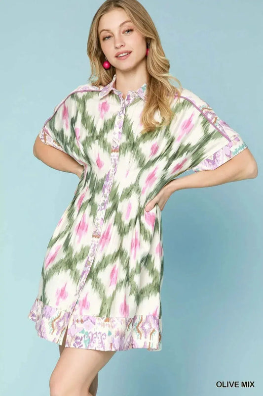 Umgee Ethnic Print Short Sleeve Mini Shirt Dress by Umgee