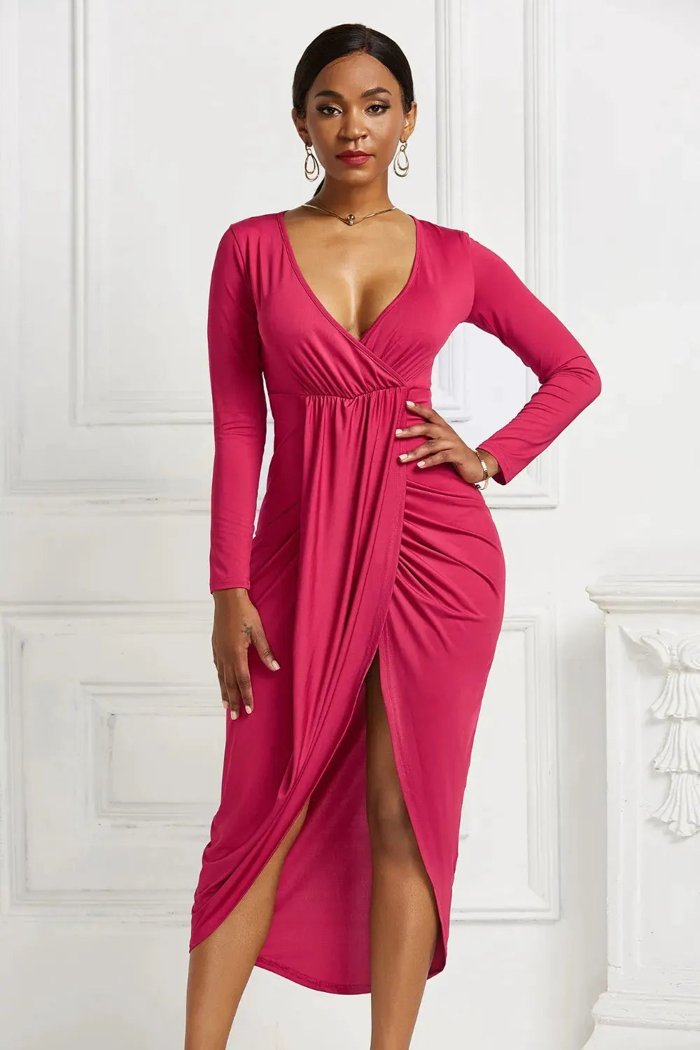 High-low Ruched Surplice Long Sleeve Dress by Partner Label
