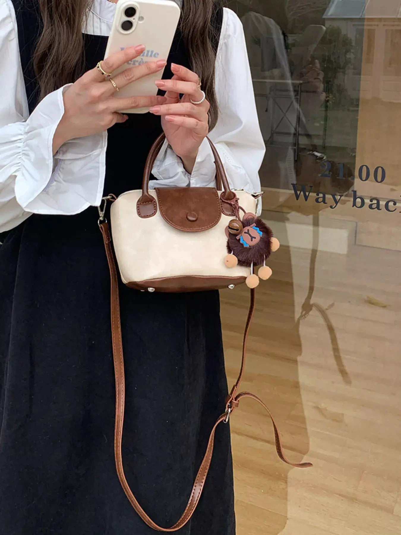 Two-Tone Flap Decor Crossbody Bag with Charm by Partner Label