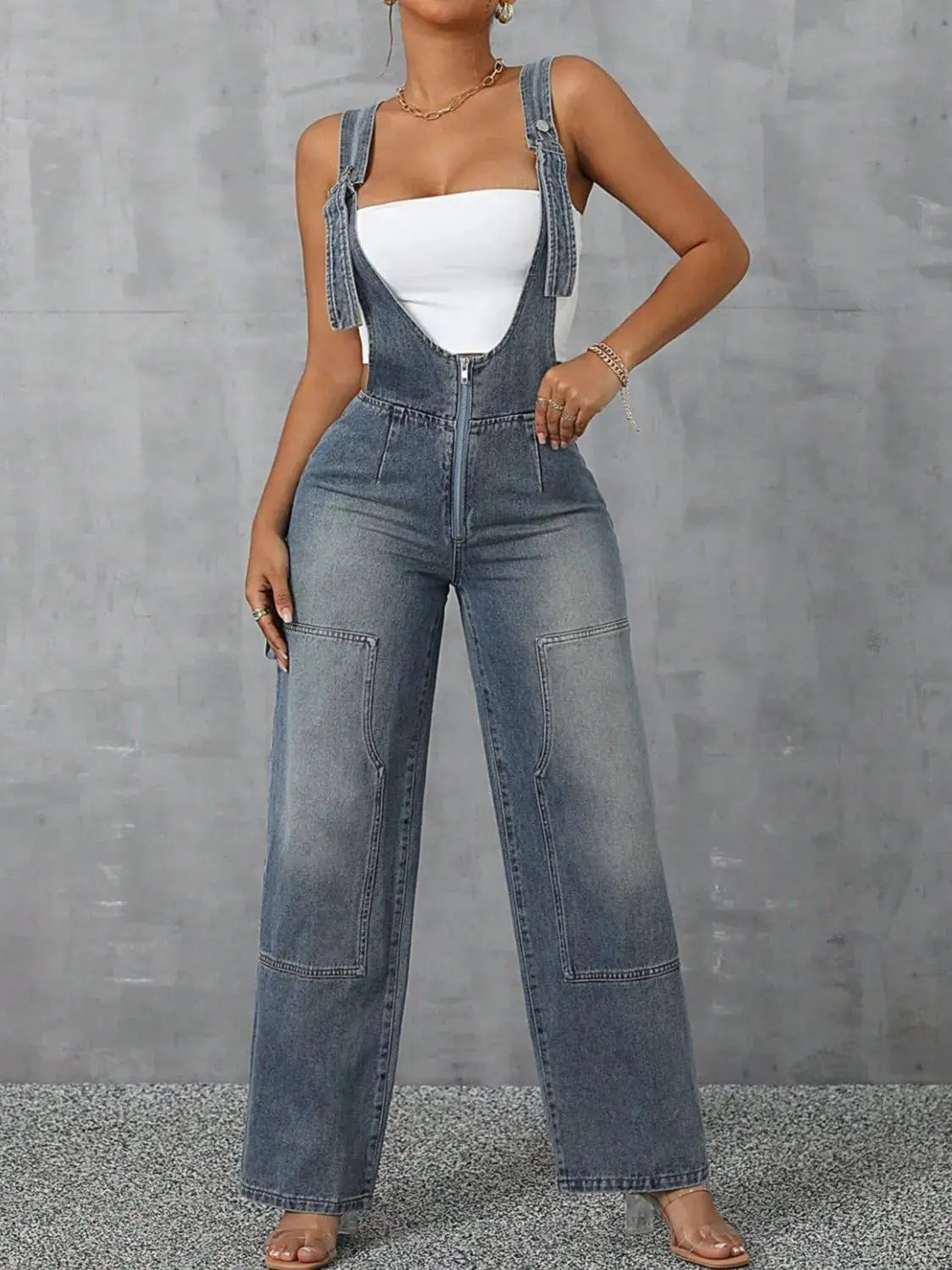 Zip Front Wide Strap Denim Overalls by Partner Labels