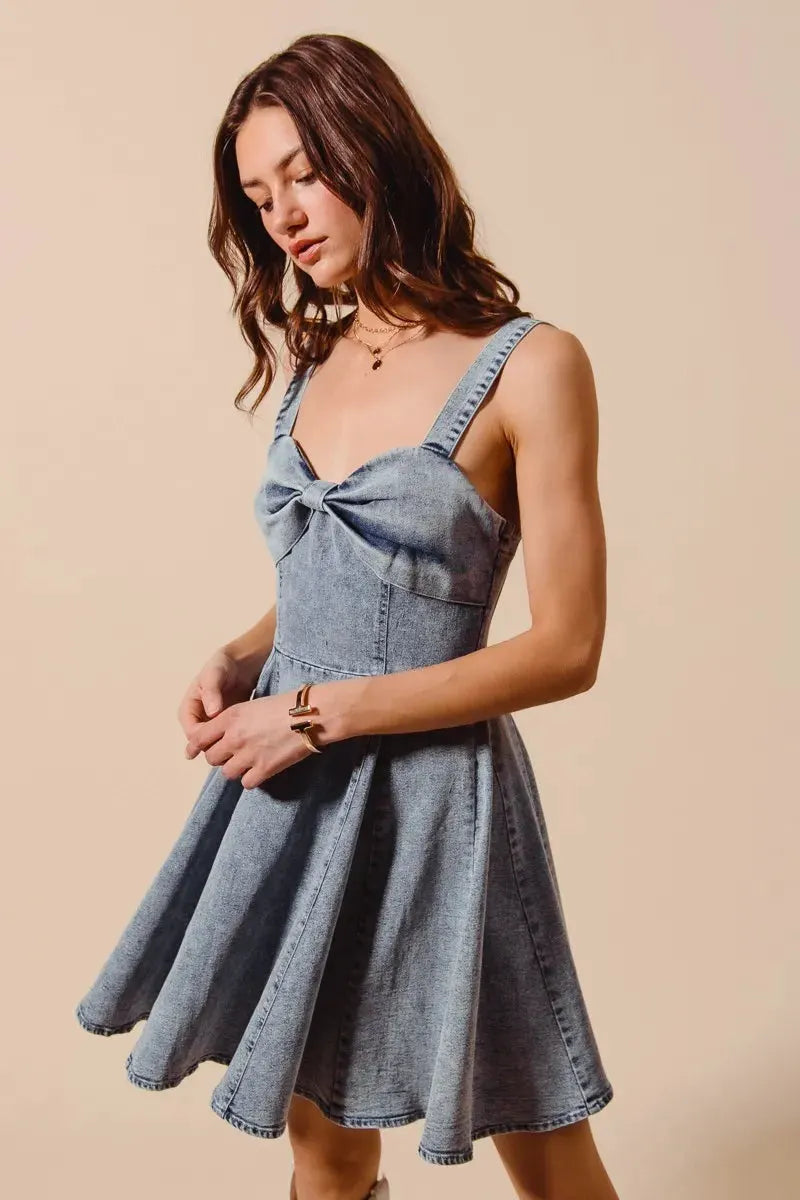 SO ME Mineral Washed Bow Ribbon Denim Flare Dress by Partner Label