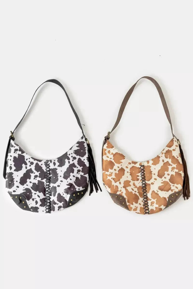 Fame Cow Print Hobo Shoulder Bag with Studded Details by Fame