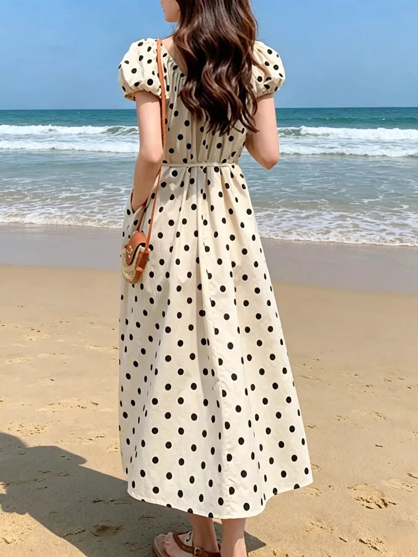 Polka Dot Puff Sleeve Midi Dress by Trendsi