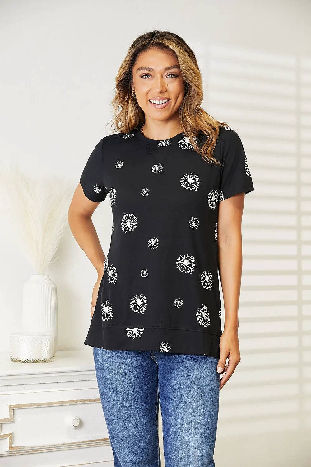 Double Take Dandelion Print Round Neck T-Shirt by Partner Label