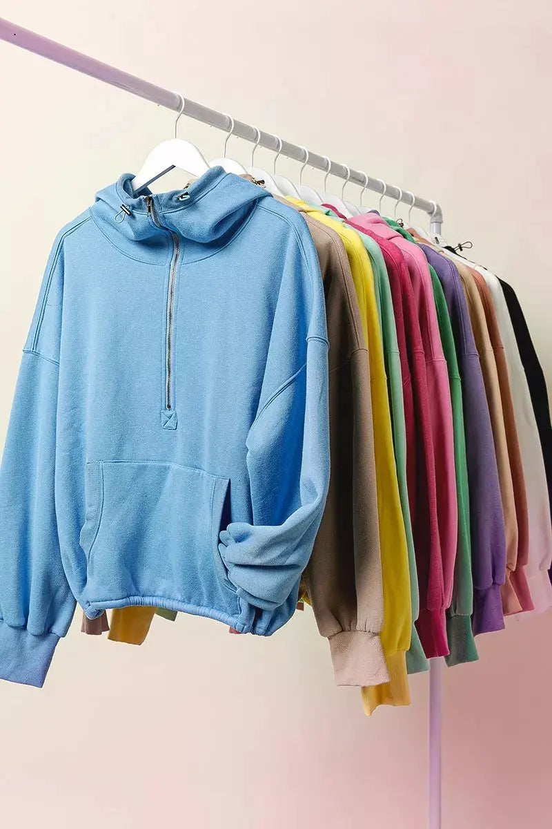 BiBi Stitch Detailed Elastic Hem Half Zip Fleece Hoodie by BiBi