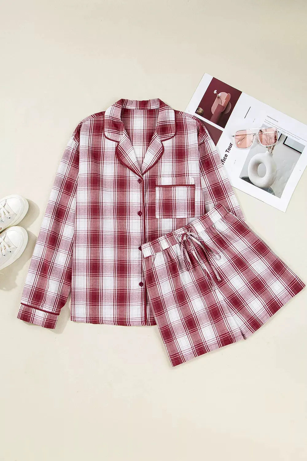 Plaid Long Sleeve Shirt and Drawstring Shorts Lounge Set by Partner Label