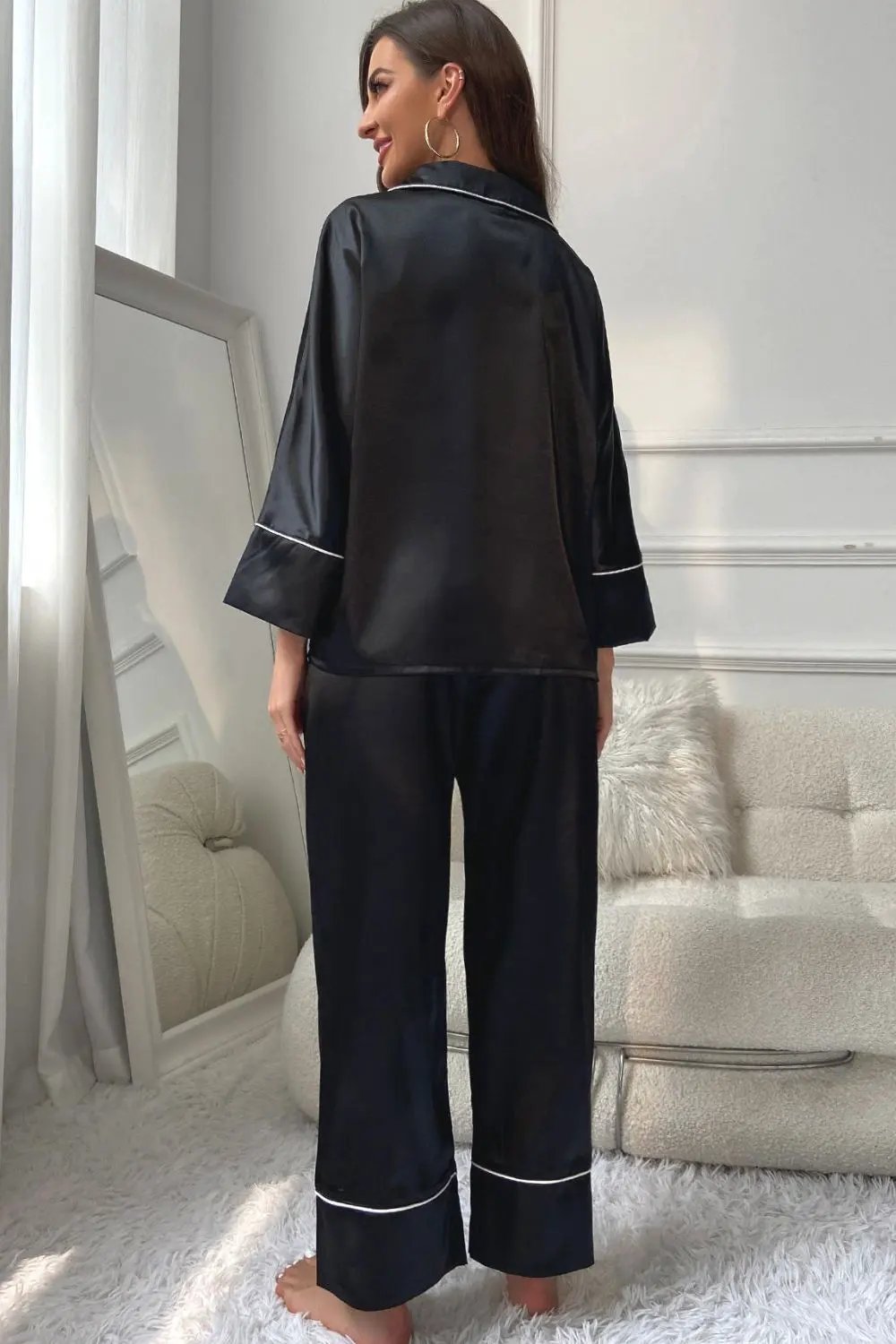 Contrast Piping Button-Up Top and Pants Pajama Set by Partner Label