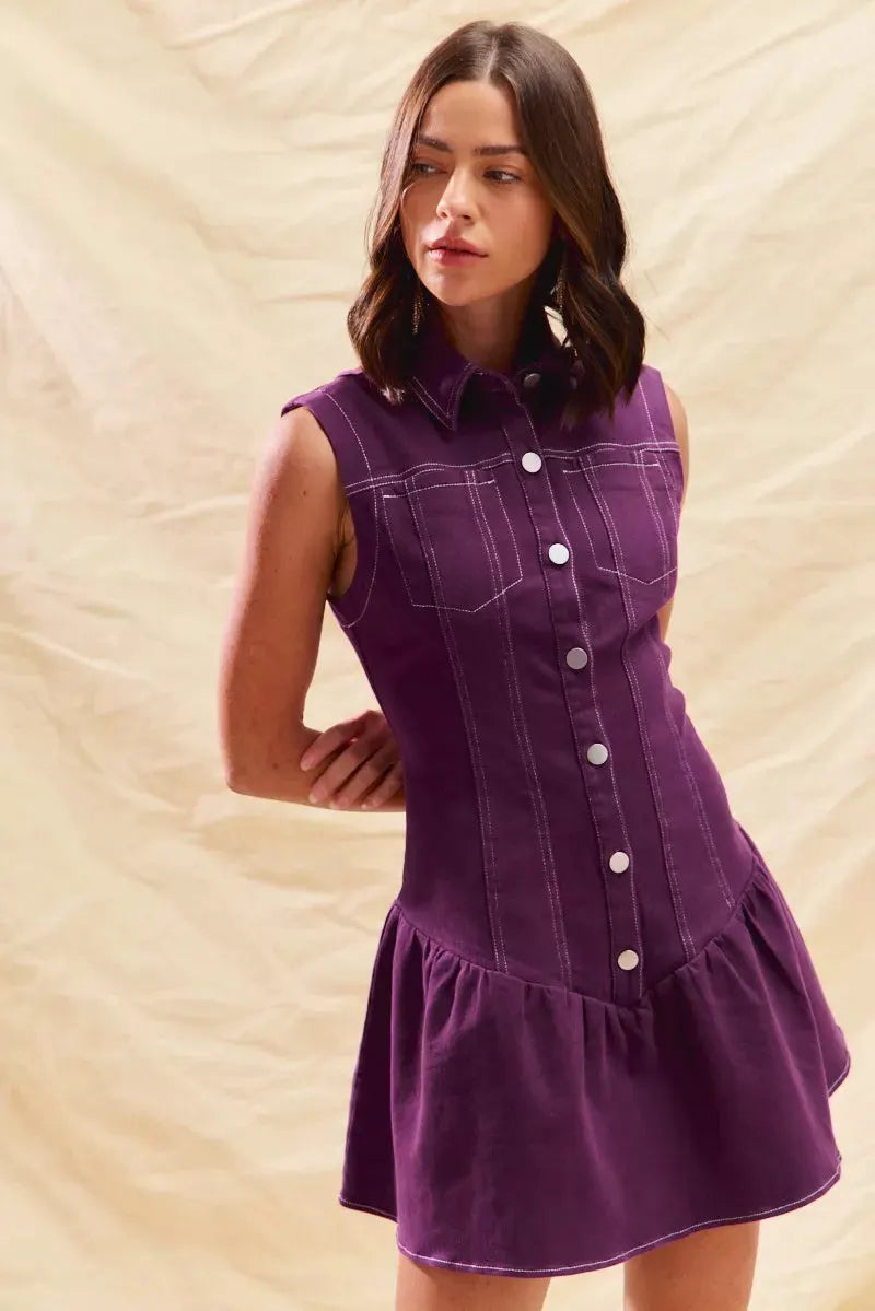SO ME Button Down Sleeveless Collared Game Day Mini Dress by SO ME