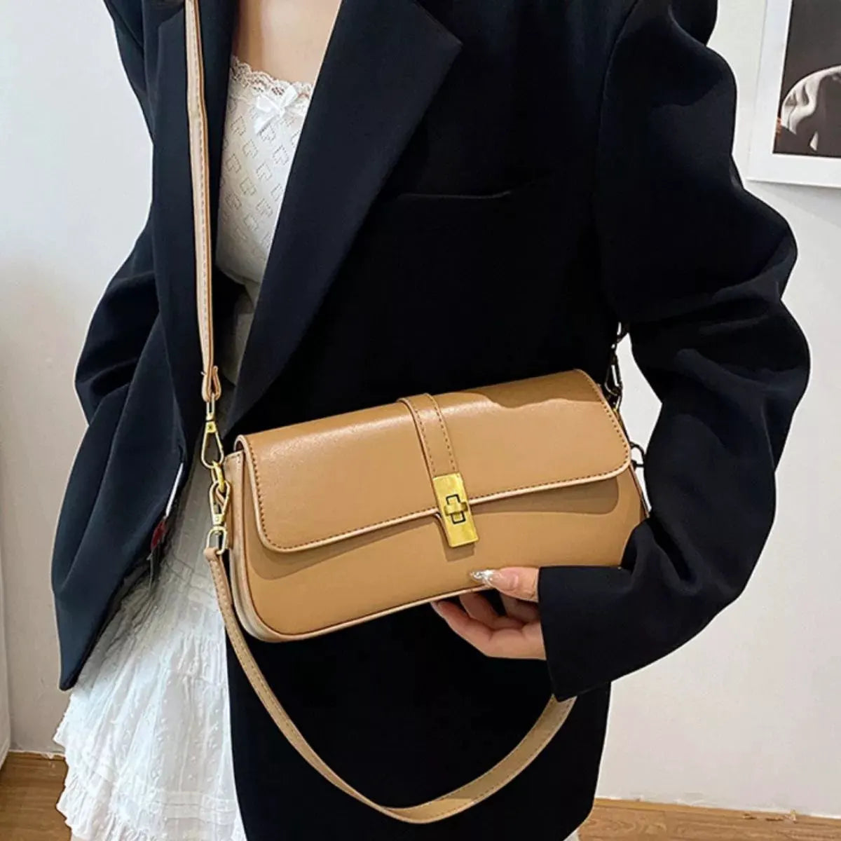 Rectangular Crossbody Bag with Golden Buckle by Partner Label