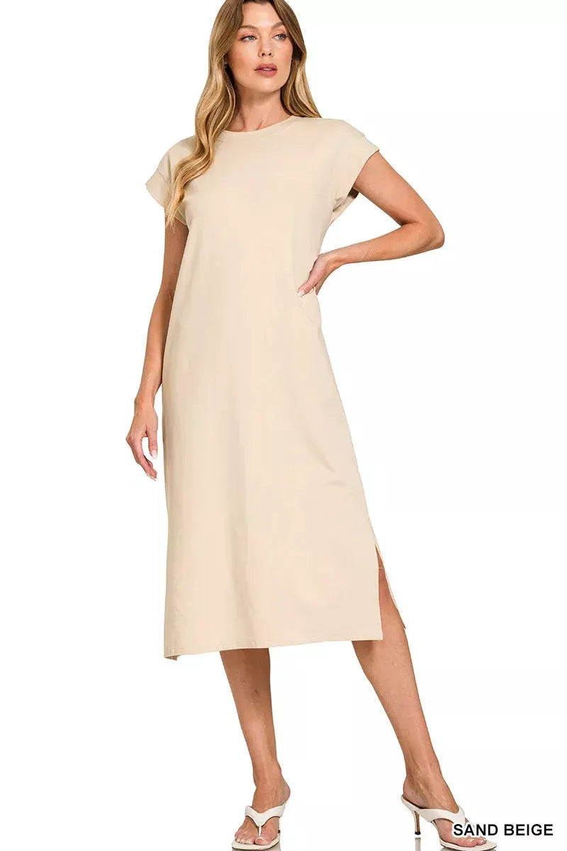 Zenana Round Neck Side Slit Midi Dress by Zenana