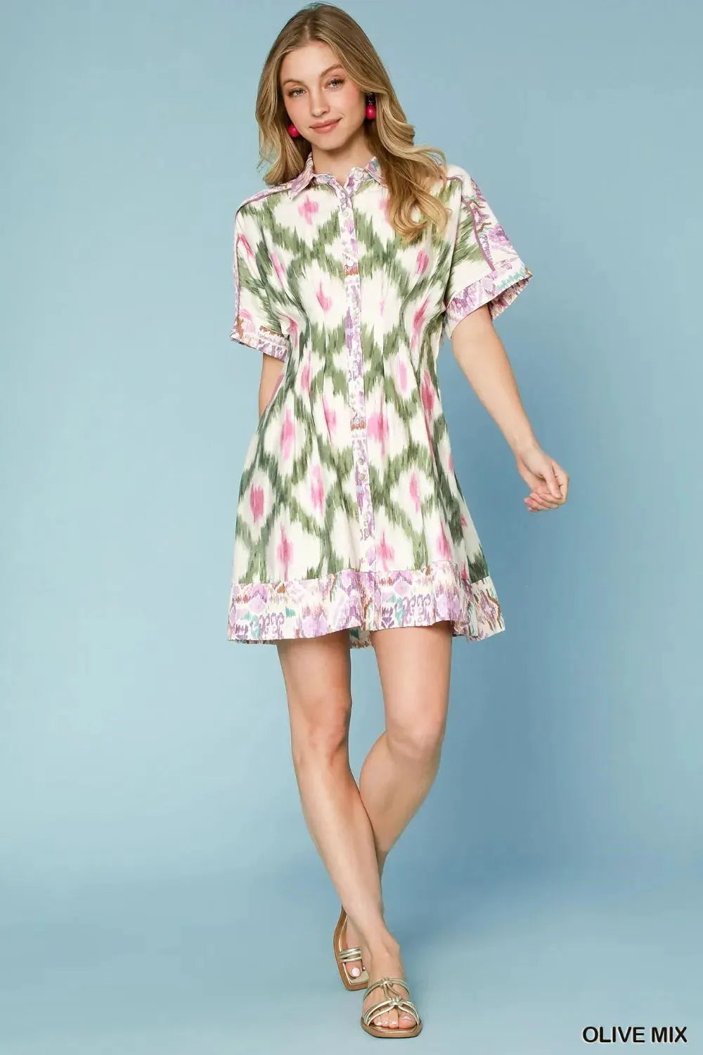 Umgee Ethnic Print Short Sleeve Mini Shirt Dress by Umgee