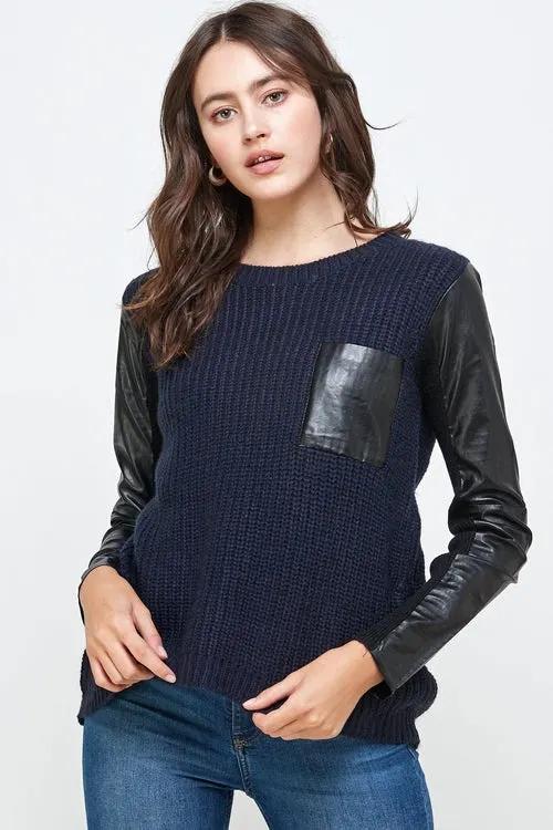 Chunky Knit Sweater with Faux Leather Sleeves 🖤✨ High-Low Top by Inland Leather