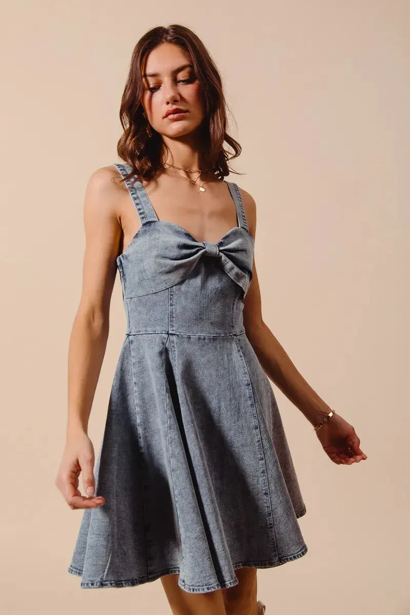 SO ME Mineral Washed Bow Ribbon Denim Flare Dress by Partner Label