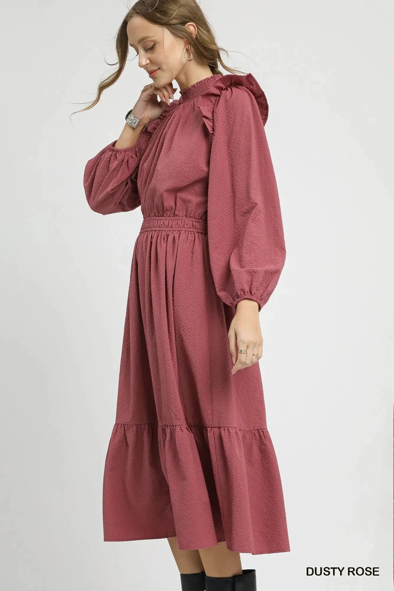 Umgee Textured Midi Dress with Ruffle Shoulder Detail by Umgee