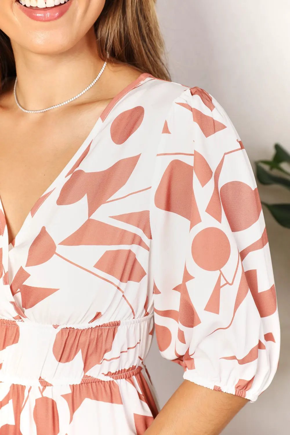 Printed Surplice Balloon Sleeve Dress by Partner Label
