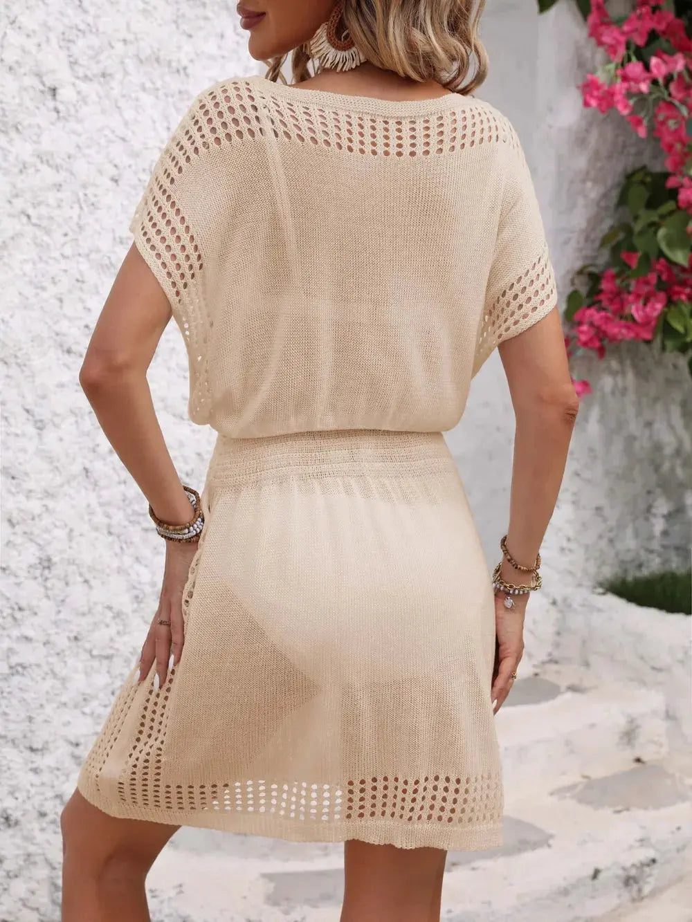 Openwork V-Neck Short Sleeve Cover-Up Dress by Partner Label