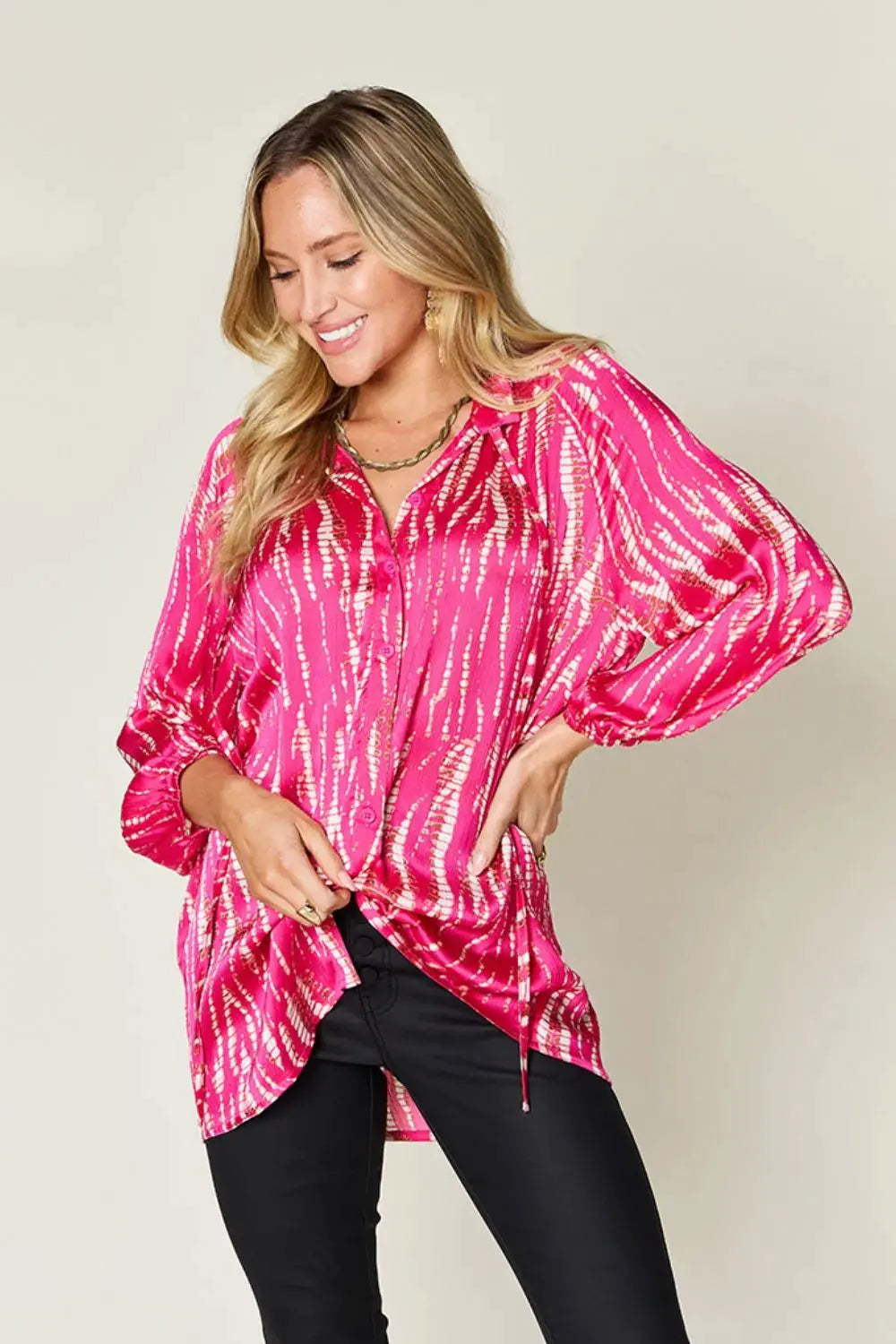 Double Take Full Size Printed Button Up Long Sleeve Shirt by Double Take