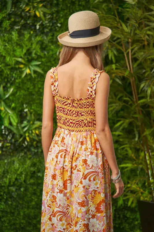 Davi & Dani Multi Smocked Bodice Geo Ruffle Strappy Midi Dress by Davi & Dani