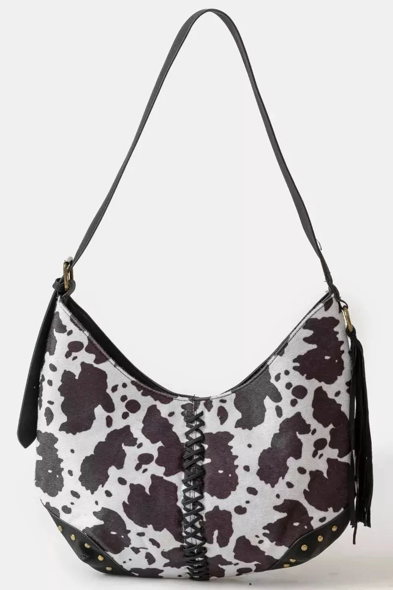 Fame Cow Print Hobo Shoulder Bag with Studded Details by Fame