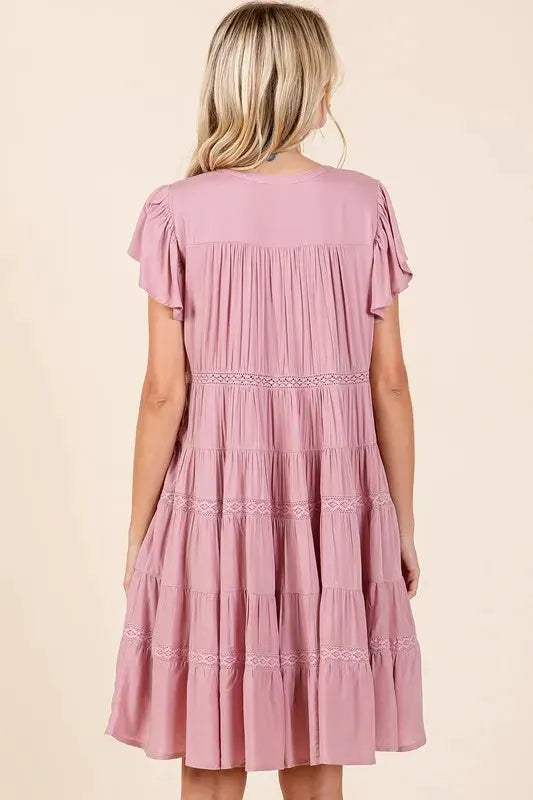 Mittoshop Lace Detail Ruffled Button Down Tiered Dress by Mittoshop