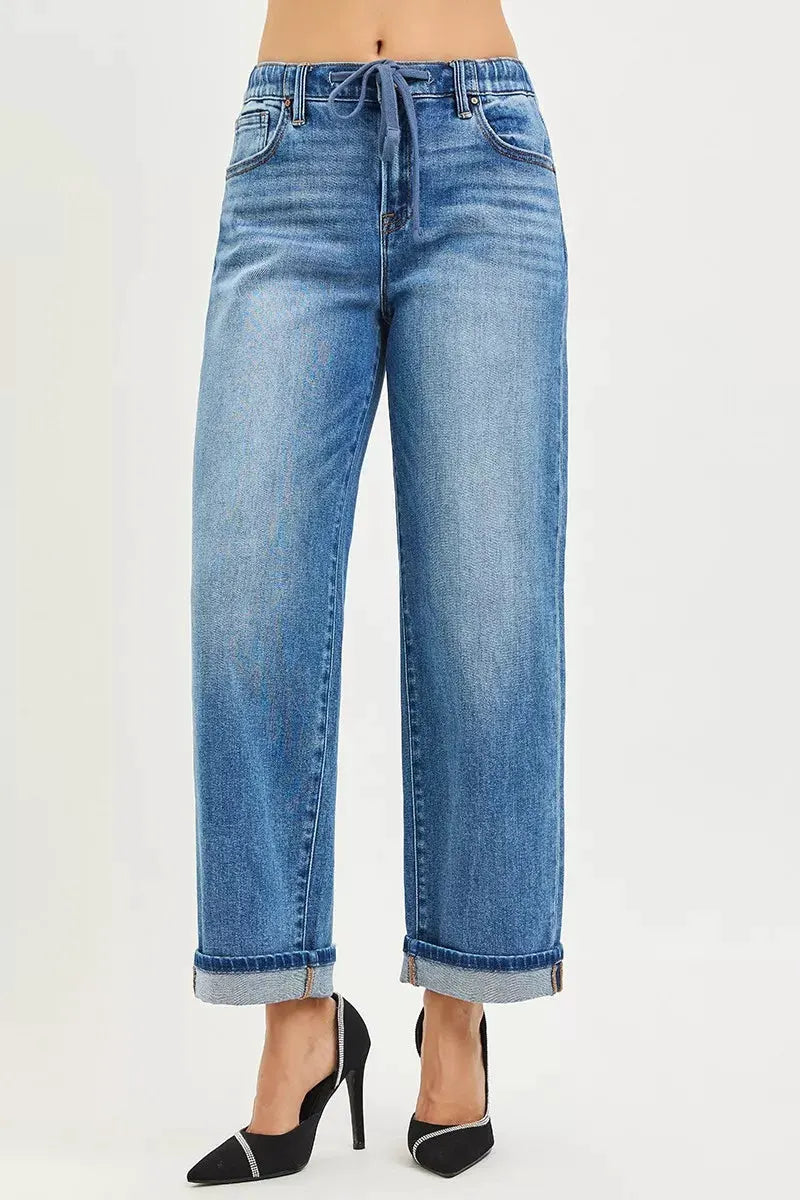 RISEN Elastic Band Slouch Ankle Boyfriend Cuffed Hem Jeans by RISEN