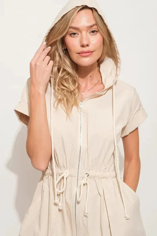 And The Why Short Sleeve String Details Hooded Mini Dress by And The Why