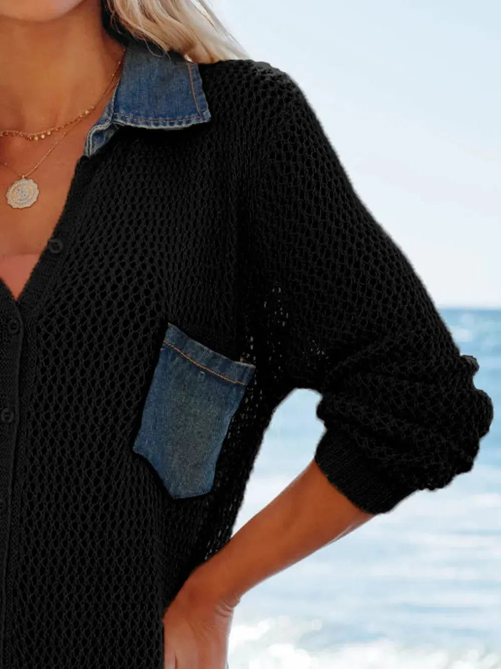 Side Slit Openwork Collared Neck Cover-Up by Partner Labels