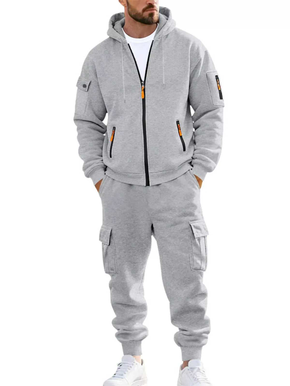 Men's Plus Size Casual Zip-Up Hoodie and Cargo Pants Set by Partner Label
