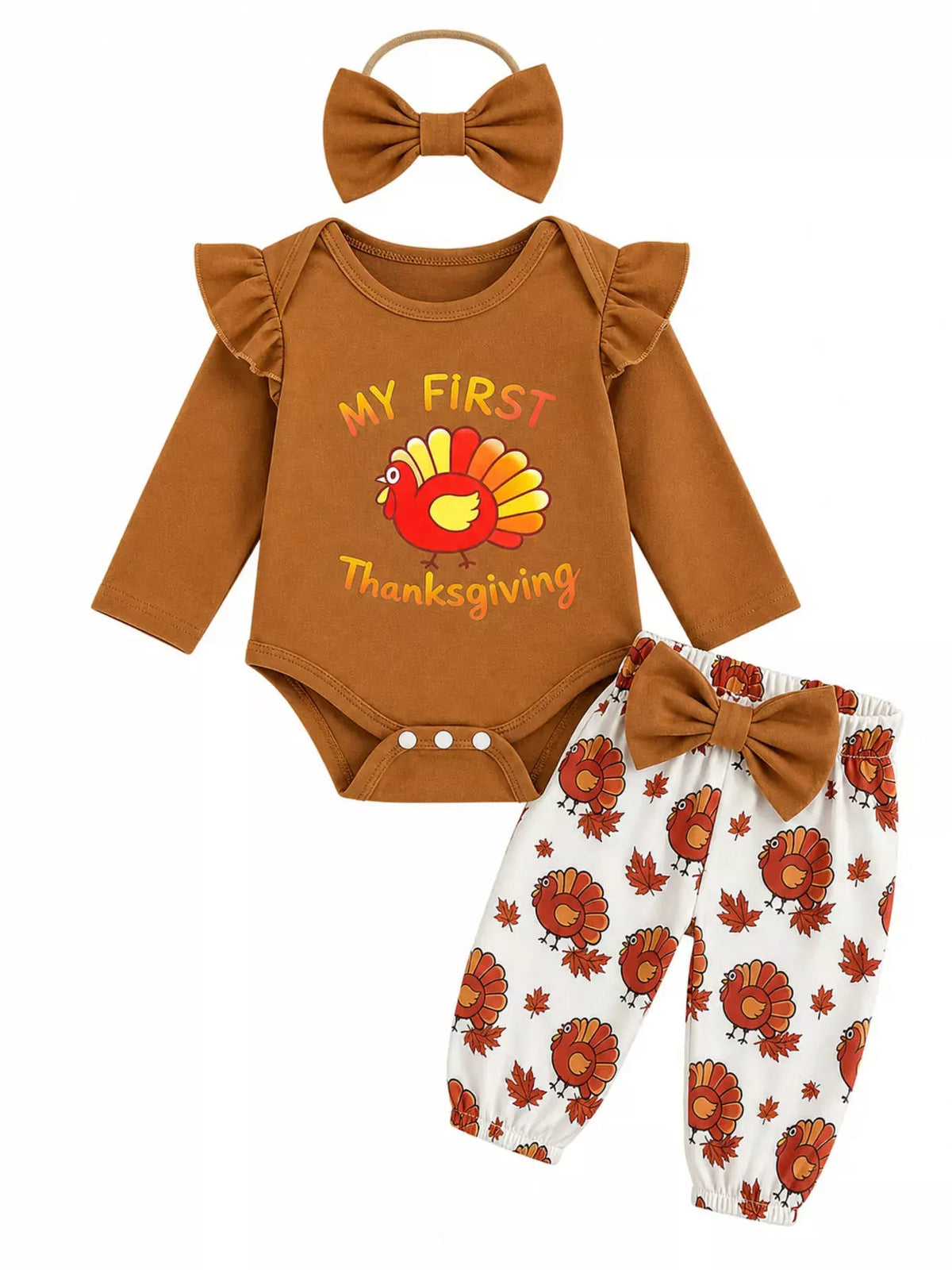 Children's 'My First Thanksgiving' Ruffle Bodysuit and Turkey Print Pants Set with Headband by Trendsi