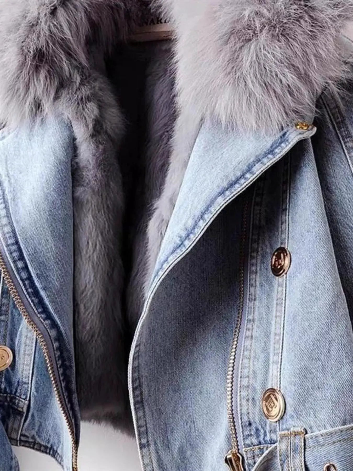 Full Size Faux Fur Collar Denim Jacket Plus Size by Partner Label