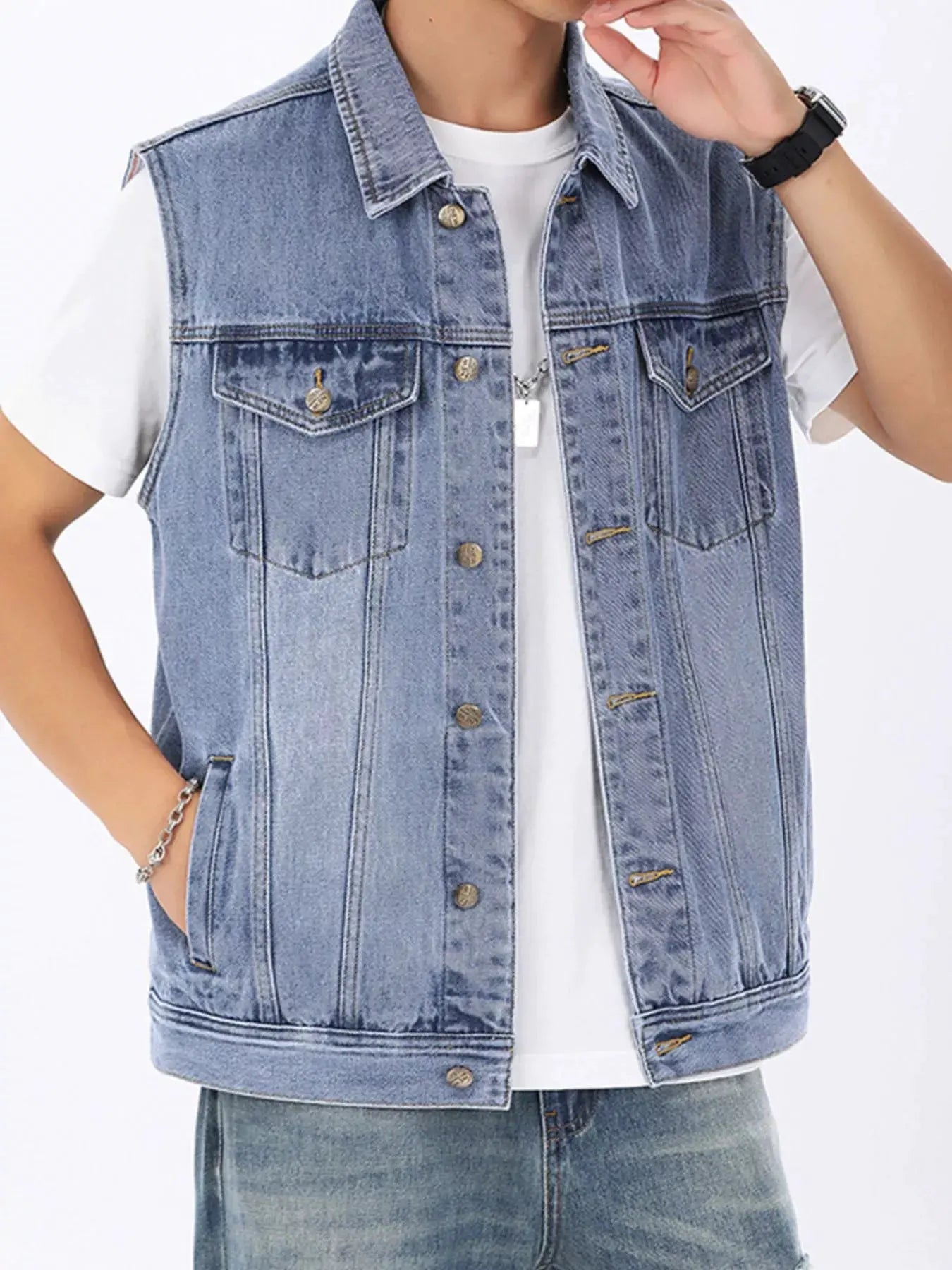 Men's Plus Size Vintage Washed Sleeveless Denim Vest by Trendsi