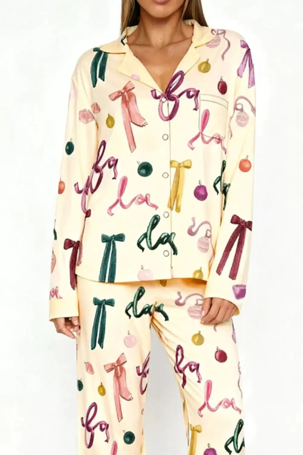 Bow Print Top and Wide Leg Pants Lounge Set by Partner Label