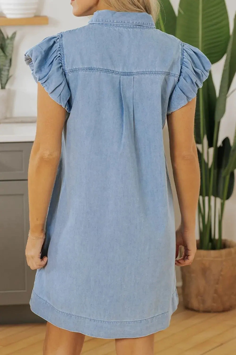 Smocked Collared Neck Cap Sleeve Denim Dress by Partner Label