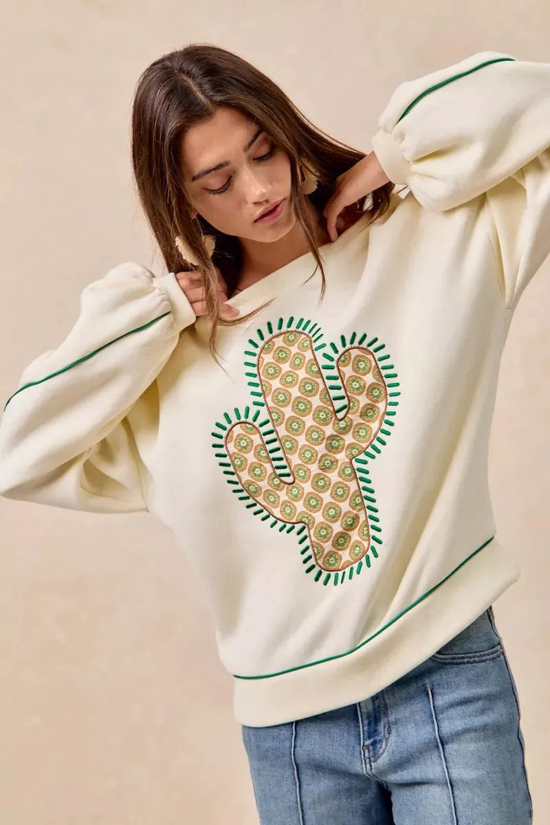 BiBi Cactus Embroidered Fleece Sweatshirt by BiBi