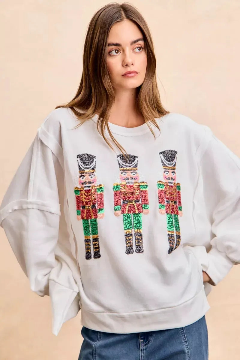 BiBi Christmas Sequin Nutcrackers Embroidery Sweatshirt by BiBi