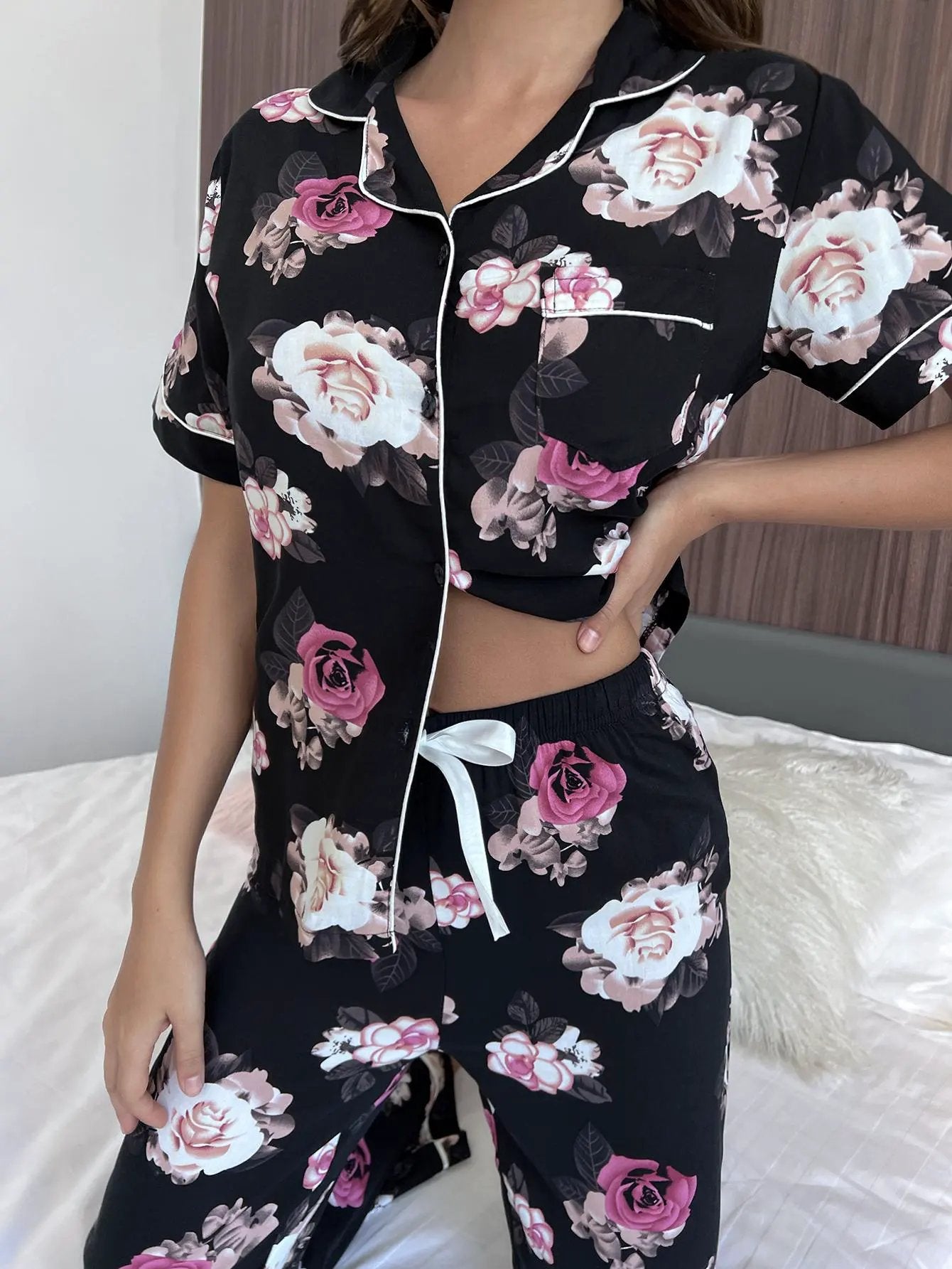 Floral Short Sleeve Shirt and Pants Lounge Set by Partner Label