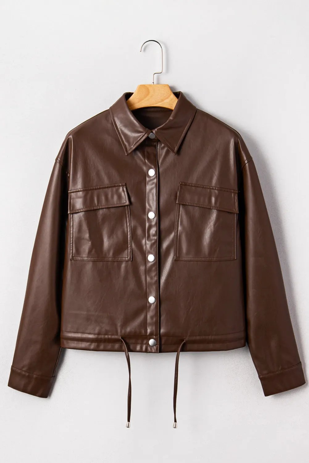 Faux Leather Drawstring Hem Jacket Women Utility Pocket Relaxed Fit by Inland Leather