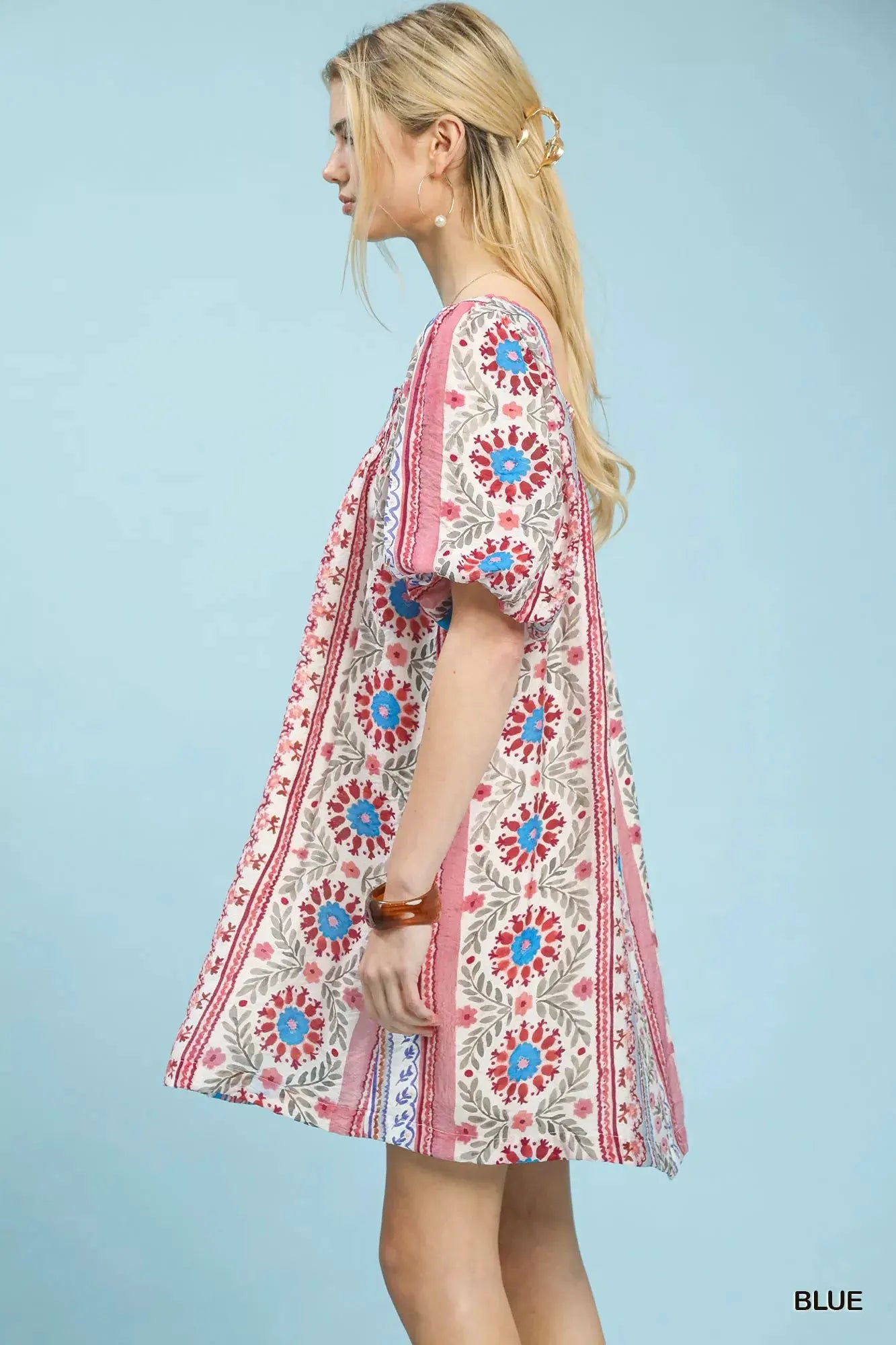 Umgee Mixed Print Puff Sleeve Mini Dress by Umgee USA