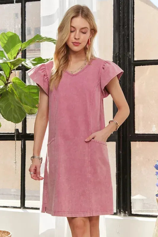 ADORA Mineral Washed V-Neck Ruffled Cap Sleeve Dress by Partner Label