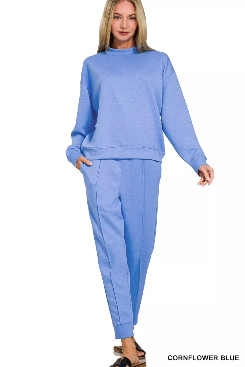 Zenana Scuba Mock Neck Sweatshirt and Joggers Set by Zenana