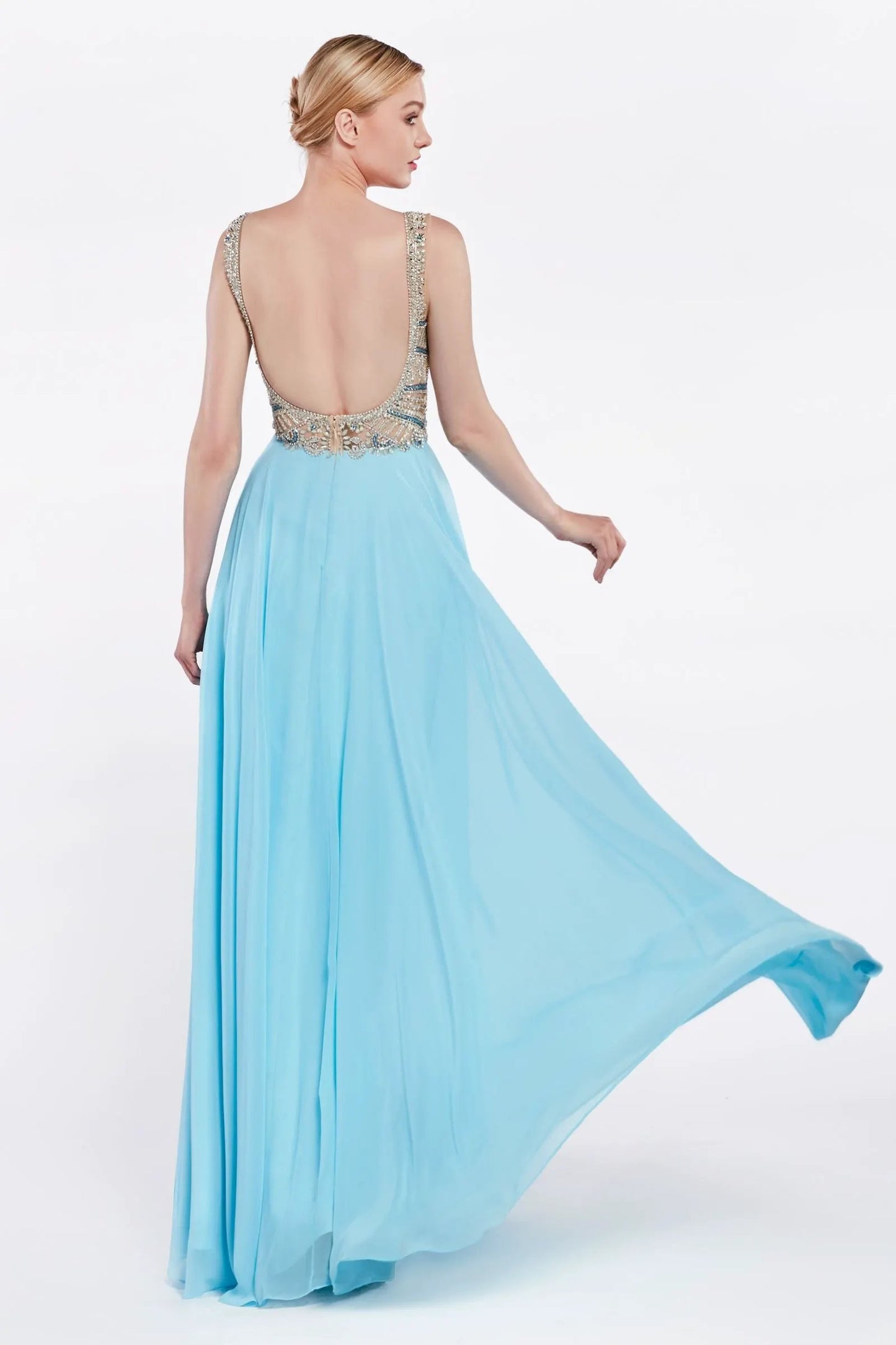 A-line chiffon dress with embellished top and open back by Tux-USA