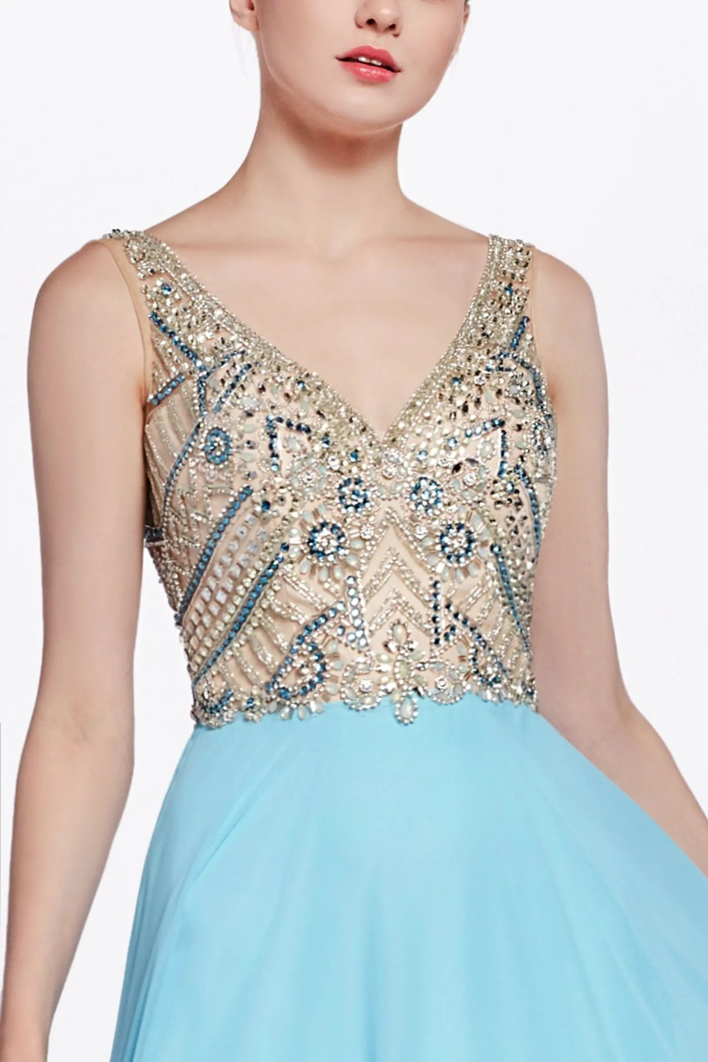 A-line chiffon dress with embellished top and open back by Tux-USA