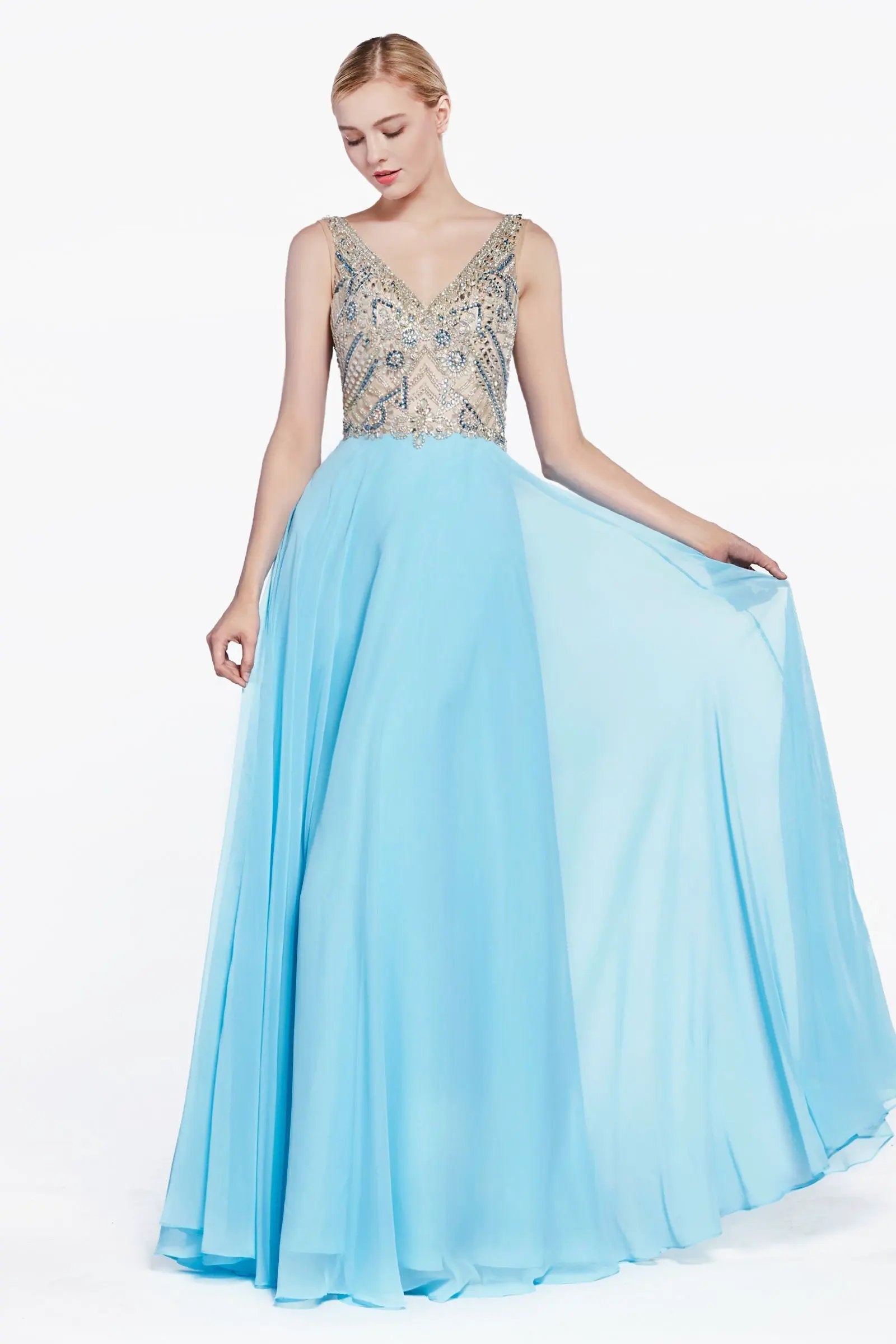 A-line chiffon dress with embellished top and open back by Tux-USA