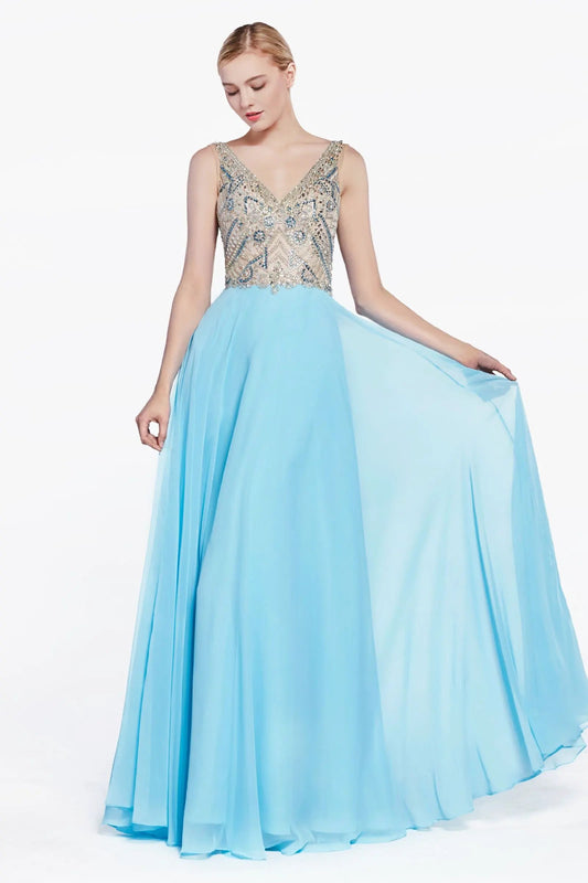A-line chiffon dress with embellished top and open back by Tux-USA
