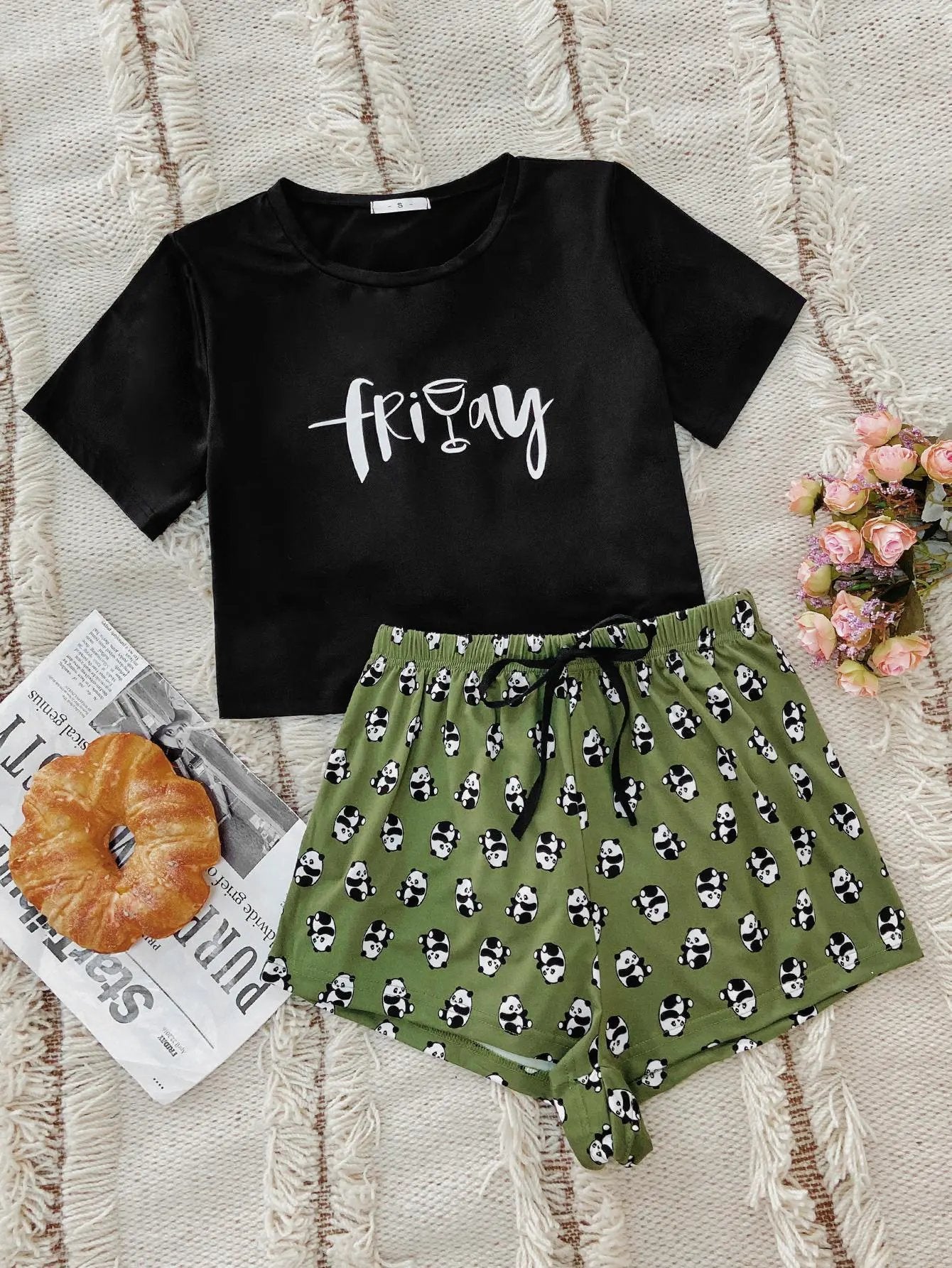 Graphic Tee and Panda Print Shorts Lounge Set by Partner Label