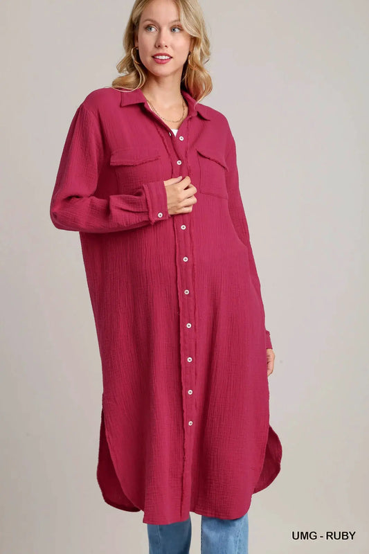 Umgee Cotton Gauze Button Down Shirt Dress by Umgee